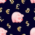 Seamless pattern with World currencies Dollar, Euro, Pound sterling and cryptocurrency Bitcoin golden symbols and money pig bank. Royalty Free Stock Photo