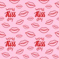 Seamless pattern with world kiss day inscription and red outline style lips Royalty Free Stock Photo