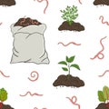 Seamless pattern with worms, compost pile and sack. Carrot and beet sprout in soil. Garden composting concept. Worms for Royalty Free Stock Photo