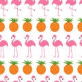 Seamless Pattern Wrapping paper, textile template. Pineapple Pink flamingo set. Exotic tropical bird. Zoo animal kids collection.