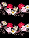 Seamless pattern with wreaths of garden flowers isolated on black background. Red and pink roses, chamomilies and brown leaves. Royalty Free Stock Photo