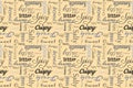 Seamless pattern with writings: delicious, tasty, crispy, crunchy, bitter, sour, sweet, salty, yummy, fresh, smooth, creamy, spicy