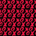 Seamless pattern XOXO on black background. XO drawn with red lipstick. Hugs and kisses abbreviation symbol. Easy to edit template