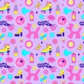 Seamless pattern with y2k style elements. Acidic vivid neon colors. Bright youth pattern with 90 s characters. Roller