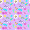 Seamless pattern with y2k style elements. Acidic vivid neon colors. Bright youth pattern with 90s symbols. Cherry