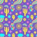 Seamless pattern with y2k style elements. Acidic vivid neon colors.Bright youth pattern with symbols of the 70s