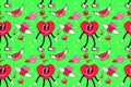 Seamless pattern with y2k style elements. Bright youth pattern with Groovy symbols. Smiling Heart and Envelope angel