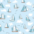 Seamless pattern with yachts, seagulls and clouds. Flat style repeat background.