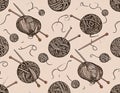 Seamless Pattern of Yarn Balls and Knitting Needles Hand Drawn Sketch Style Royalty Free Stock Photo