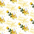 Seamless pattern with yelllow roses, leafs, gift box, hearts