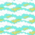 Seamless pattern with yellow airplane with clouds