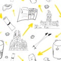 Seamless pattern with yellow arrow and pilgrim needed things. Backpack, pilgrim passport, travel mat, trekking sticks