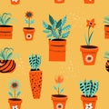 Seamless pattern on a yellow background. Potted potted flowers