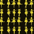 Seamless pattern yellow ballerinas in a shuttlecock dress dancing in different poses on a dark yellow background cartoon Royalty Free Stock Photo