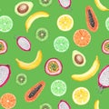 Seamless pattern with yellow bananas, passion fruit, papaya, lemon, kiwi, pitahaya and lime. Cute watercolor fruits. Bright Royalty Free Stock Photo