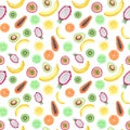 Seamless pattern with yellow bananas, passion fruit, papaya, lemon, kiwi, pitahaya and lime. Cute watercolor fruits. Bright Royalty Free Stock Photo