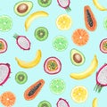 Seamless pattern with yellow bananas, passion fruit, papaya, lemon, kiwi, pitahaya and lime. Cute watercolor fruits. Bright Royalty Free Stock Photo