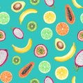 Seamless pattern with yellow bananas, passion fruit, papaya, lemon, kiwi, pitahaya and lime. Cute watercolor fruits. Bright Royalty Free Stock Photo