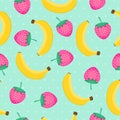Seamless pattern with yellow bananas and pink strawberries.