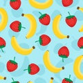 Seamless pattern with yellow bananas and red strawberries. Cute vector background. Fruits illustration on blue Royalty Free Stock Photo