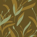 Seamless pattern with yellow and beige plants and branches on brown background. Elegant linen, bedclothing, print, packaging, wall
