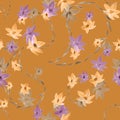 Seamless pattern with yellow, beige, violet flowers and paisley on a orange background. Watercolor Royalty Free Stock Photo