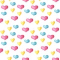 Seamless pattern with yellow, blue and pink hearts. Children's illustration.