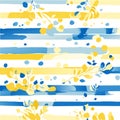 Seamless pattern with yellow and blue stripes and flowers. Vector illustration. generative AI