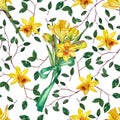 Seamless pattern of yellow bouquets of daffodils and tulips. Suitable for the design of printing, textiles, wallpaper