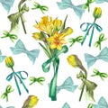 Seamless pattern of yellow bouquets of daffodils and tulips. Suitable for the design of printing, textiles, wallpaper