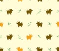 Seamless pattern of yellow and brown pigs boars and green twigs.