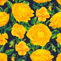 Vector botanical floral seamless pattern with yellow realistic flowers.