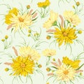 Seamless pattern with yellow chamomile flowers and millet. Rustic floral design