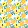 Seamless pattern with yellow cherry plum and leaves. Prunus cerasifera, alycha on a white background. Royalty Free Stock Photo