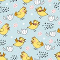 Seamless pattern with yellow chick`s, flowers.Easter template. print on fabric,textile.Vector Royalty Free Stock Photo