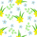 Seamless pattern yellow daffodils, blue flowers, green leaf on white background. Cute girly floral pastel print, vector eps 10 Royalty Free Stock Photo