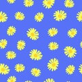 Seamless pattern yellow daisies on blue background. Cute kid summer floral print, vector eps 10 Royalty Free Stock Photo