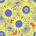 seamless pattern of yellow daisies with a blue outline on an orange background Royalty Free Stock Photo