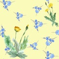 Seamless pattern yellow dandelions and wild small blue flowers on a yellow background. Watercolor.