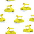 Seamless pattern yellow duck paddle boat on blue water, vector