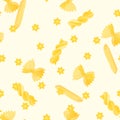 Seamless pattern with yellow farfalle rigatte and other macaroni on light background. Italian macaroni. Traditional cuisine Royalty Free Stock Photo