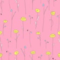 Seamless pattern with yellow flowers. Pink background with stylized roses. Royalty Free Stock Photo