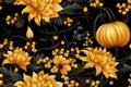 seamless pattern with yellow flowers and pumpkins on black background Royalty Free Stock Photo