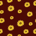 Seamless pattern: yellow flowers of sunflowers on a brown background. Vector.