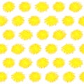 Seamless pattern of yellow flowers on white background. Endless bright backdrop with various dandelions. Hand-drawn blowballs,