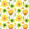 Seamless pattern yellow, funny, abstract flowers in watercolor.