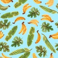 Seamless pattern with yellow and green bananas with palm leaves isolated on the blue background. Hand drawn illustration. Royalty Free Stock Photo