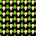 Seamless pattern with yellow and green pears on a black background. Fruit pattern. Doodles