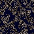 Seamless pattern with yellow herbal twigs on deep blue background