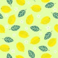 Seamless pattern. Yellow juicy lemons, leaves and flowers on shabby background. Royalty Free Stock Photo